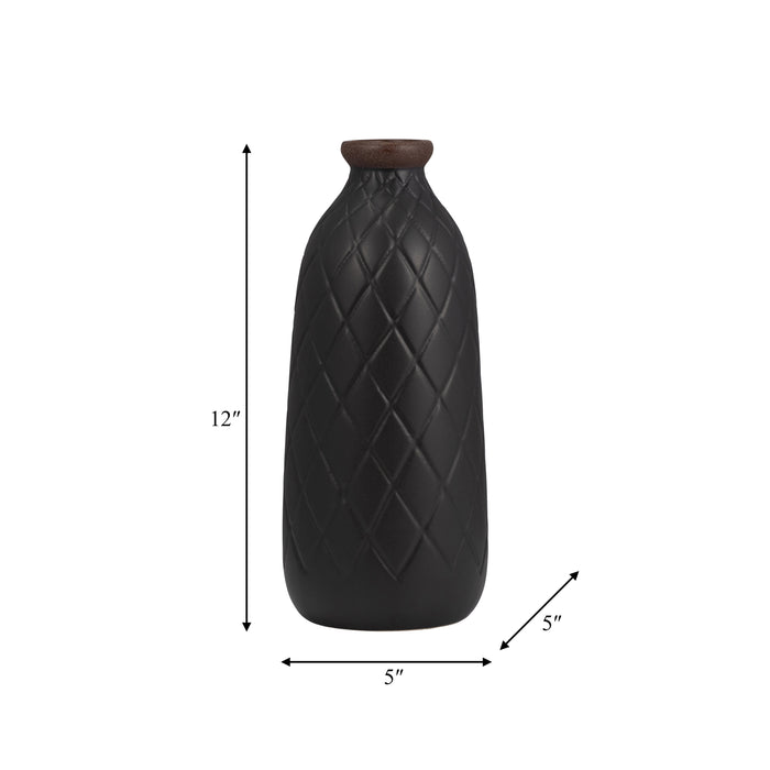 Ceramic 12\" Plaid Textured Vase - Black 
