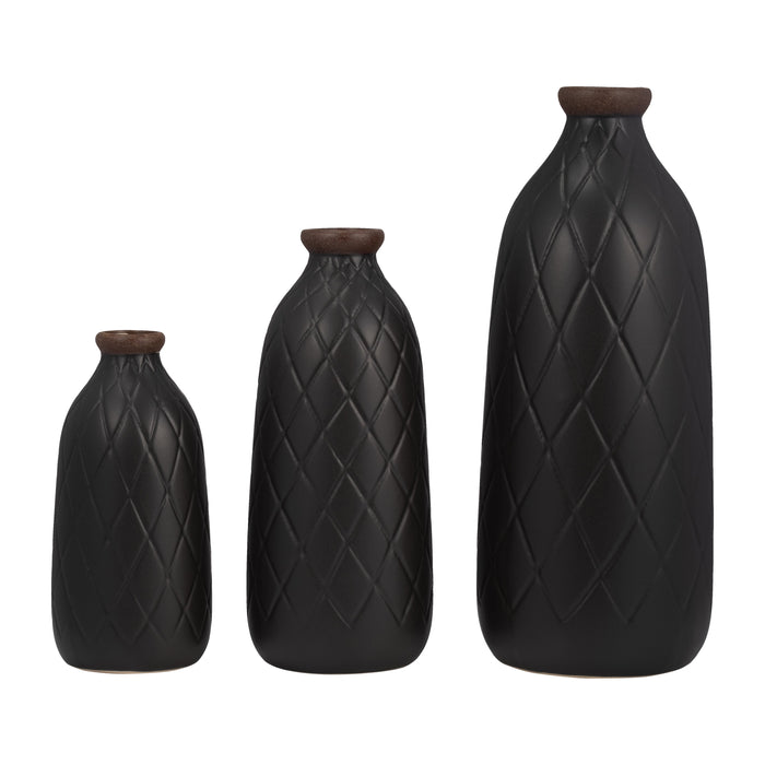 Ceramic 12\" Plaid Textured Vase - Black 