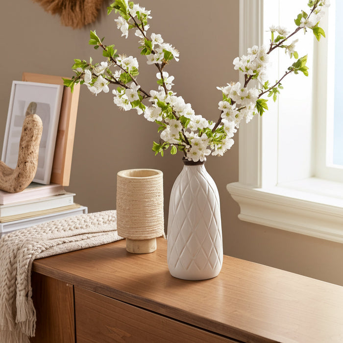 Ceramic 12\" Plaid Textured Vase - White 