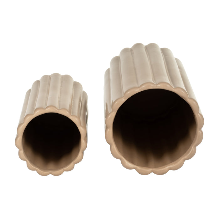 Ceramic 10\"/13\" Ribbed Irish Cream Vase - Set of 2