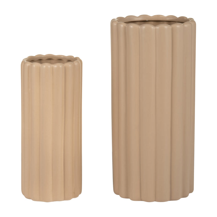Ceramic 10\"/13\" Ribbed Irish Cream Vase - Set of 2