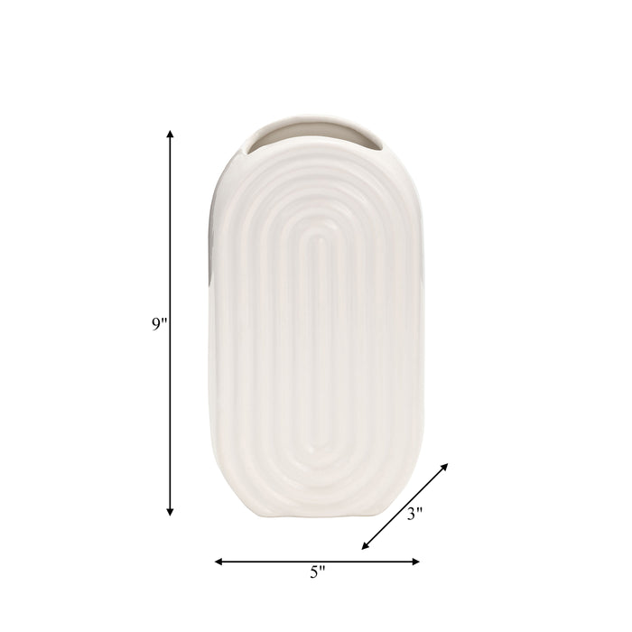 Ceramic 9\" Oval Ridged Vase - White