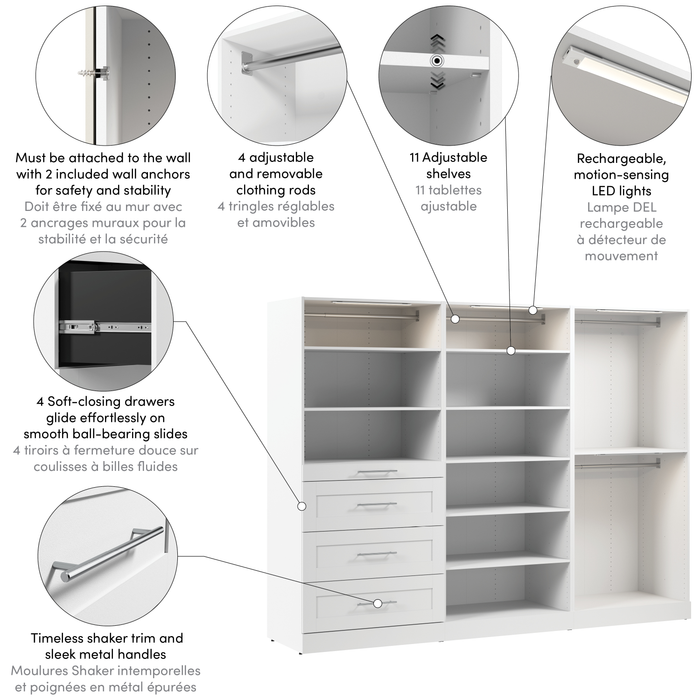 Bestar Florence 107\" Modular Walk-In Closet System with LED Lights, Rods, Shelves and Drawers Shaker