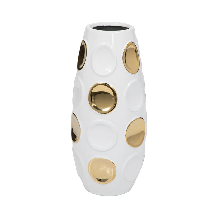 13\" Circle Emobossed Vase - White and Gold 