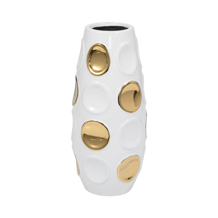 13\" Circle Emobossed Vase - White and Gold 