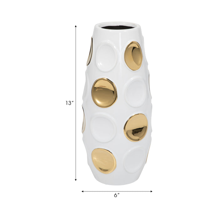 13\" Circle Emobossed Vase - White and Gold 