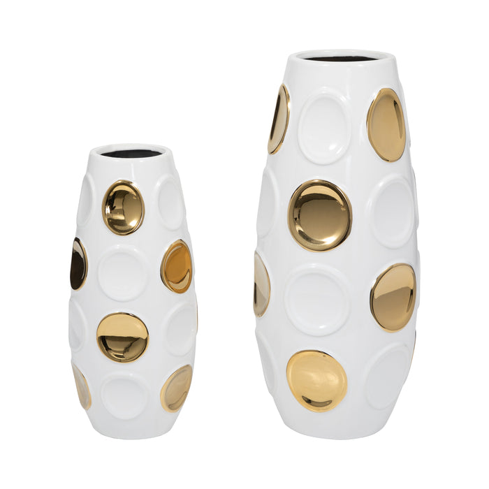 13\" Circle Emobossed Vase - White and Gold 