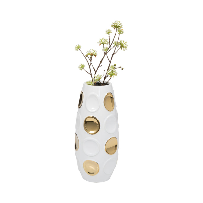 13\" Circle Emobossed Vase - White and Gold 