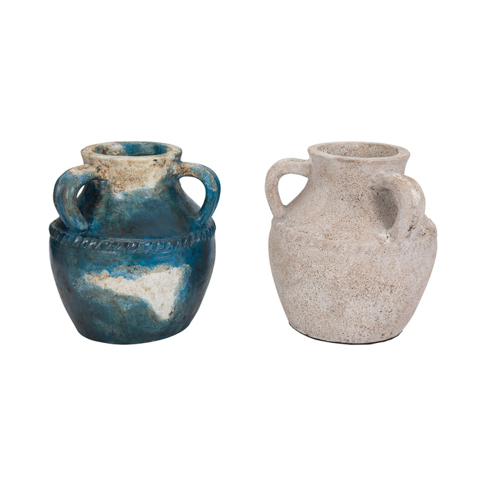 Terracotta 10\" Triple Handle Jug - Blue and Ivory 