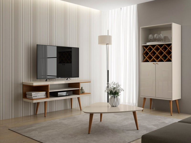 Manhattan Comfort Utopia 53.14\" TV Stand with Splayed Wooden Legs & 4 Shelves - Off White & Maple Cream