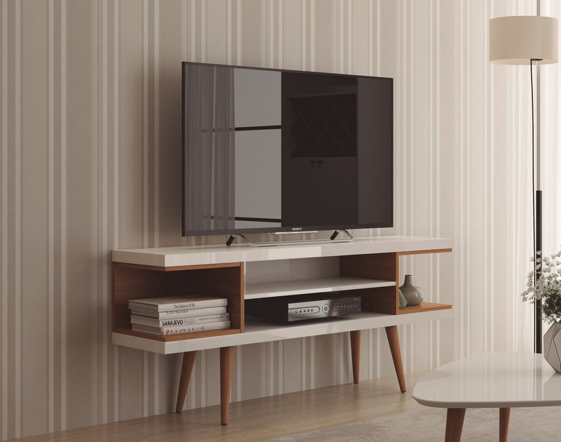 Manhattan Comfort Utopia 53.14\" TV Stand with Splayed Wooden Legs & 4 Shelves - White Gloss & Maple Cream