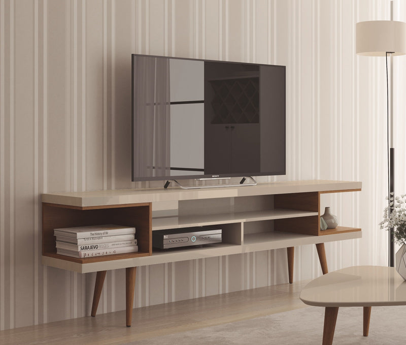 Manhattan Comfort Utopia 70.47\" TV Stand with Splayed Wooden Legs & 4 Shelves - Off White & Maple Cream