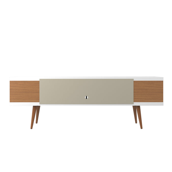 Manhattan Comfort Utopia 70.47\" TV Stand with Splayed Wooden Legs & 4 Shelves - White Gloss & Maple Cream