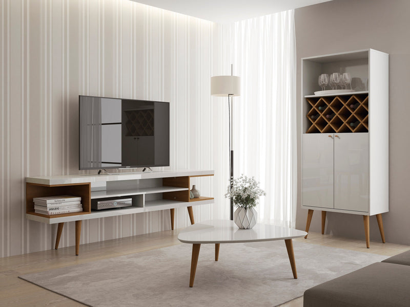 Manhattan Comfort Utopia 70.47\" TV Stand with Splayed Wooden Legs & 4 Shelves - White Gloss & Maple Cream