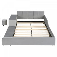 Lily Velvet Upholstered Grounded Bed with Desk and Stool,Queen Size,Grey Queen Bed  