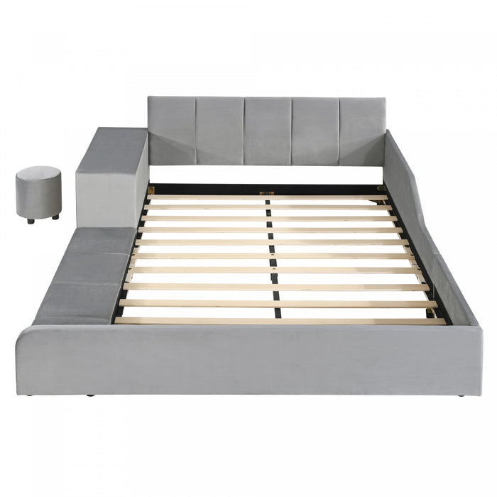 Lily Velvet Upholstered Grounded Bed with Desk and Stool,Queen Size,Grey Queen Bed  