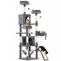 PawHut Cat Tree, 76 Inches Large Multi-Level Cat Tower for Indoor Kittens with 8 Scratching Posts, 3 Plush Beds, 2 Hammocks, 2 Large Condos, Ramp, Pompoms, Dark Grey