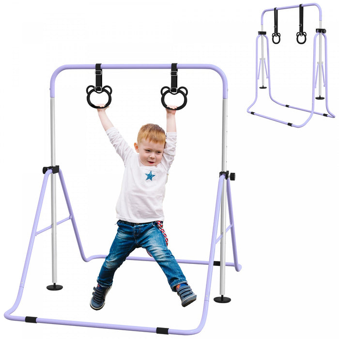 Qaba Gymnastics Bar For Kids, 35"-50" Adjustable Height Foldable Horizontal Bar With Gymnastics Rings, Non-slip Rubber Floor Rings, For Home Training Equipment, Purple