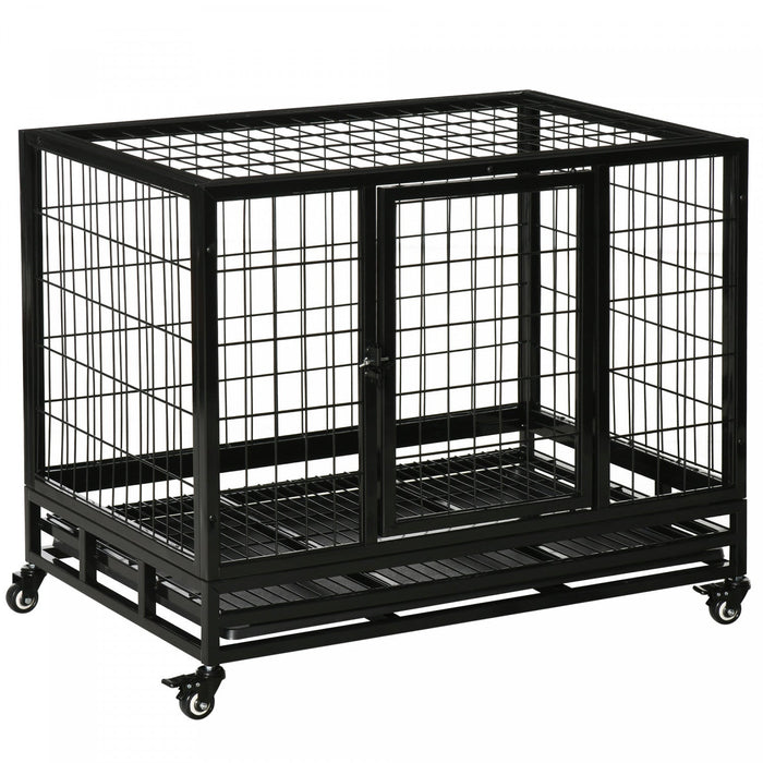 Pawhut Heavy Duty Dog Crate Cage For Large Medium Dogs With Two Doors, Lockable Wheels Tray, 36\" X 2