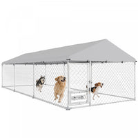 Pawhut Outdoor Dog Kennel With Roof, Heavy Duty Dog Run Outdoor Fence Cage With Adjustable & Rotating Bowls, Waterproof Uv-resistant Cover, Secure Lock, 19.7' X 7.5' X 5.2'