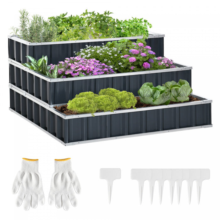 Outsunny 47''x47''x25'' 3 Tier Raised Garden Bed, Metal Elevated Planer Box Kit W/ A Pairs Of Glove 