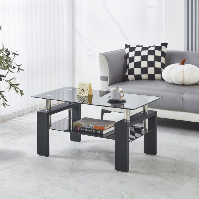 Lucius Modern Geometric Design Tempered Glass Coffee Tablewith Metal Frame and Clear Glass,Black  