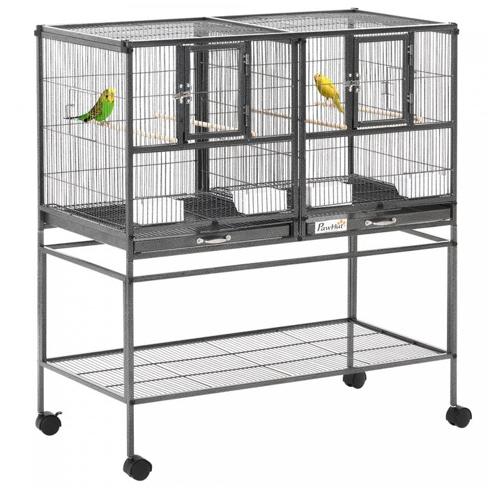 Pawhut 40 Inch Large Double Rolling Metal Bird Cage Bird House With Removable Metal Tray, Storage Sh