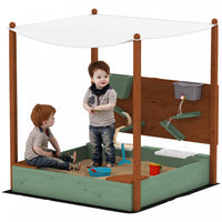 Qaba Kids Sandbox with Canopy, Sand Wall, Bottom Liner, 2 Storage Bins, Kids Outdoor Playset Sand Box for Backyard, Lawn, Garden, Beach, for 3-6 Years, 46
