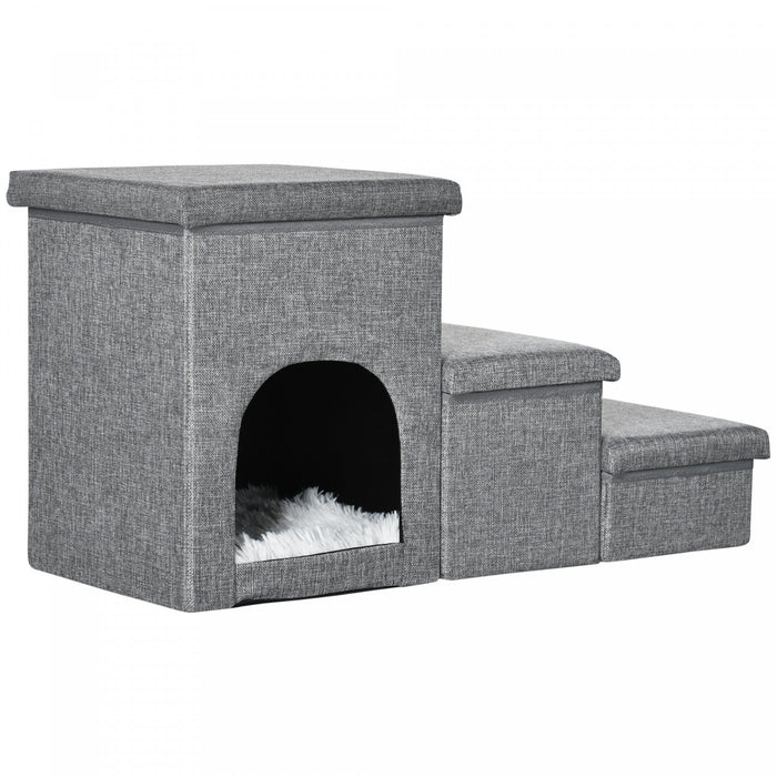 Pawhut Multifunctional Dog Stairs With Storage Boxes And Condo, 3-step Pet Stairs For High Beds And 
