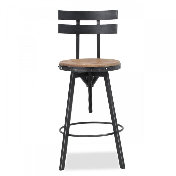 Denise Bar Stool With Swivel & Adjustable Wood Seat, Metal Frame - Antique Black 