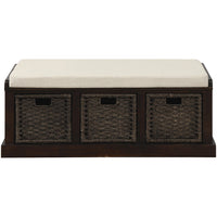 Leif Solid Wood And Rattan Baskets Storage Bench With Cushioned Seat - Espresso 