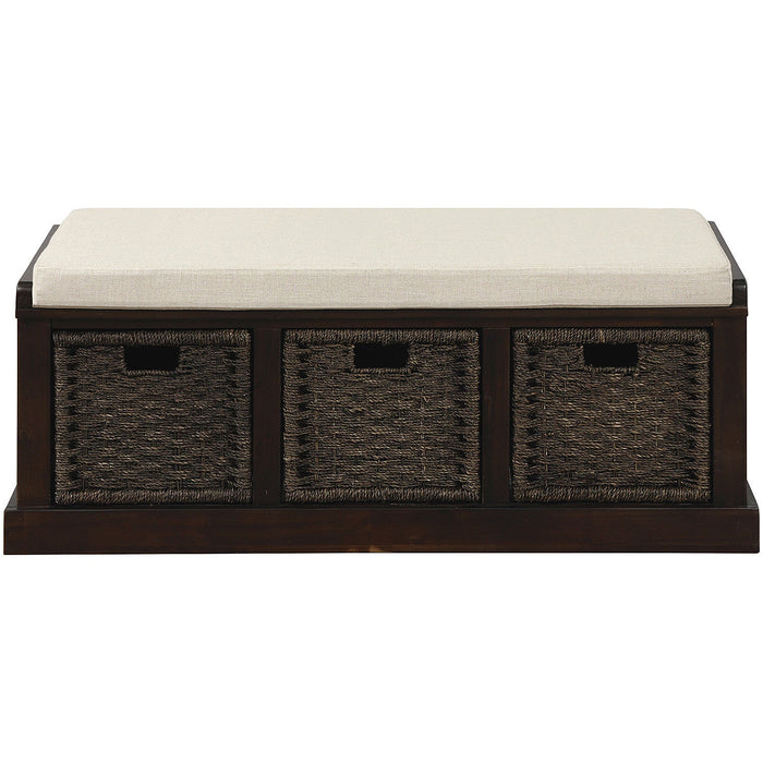 Leif Solid Wood And Rattan Baskets Storage Bench With Cushioned Seat - Espresso 