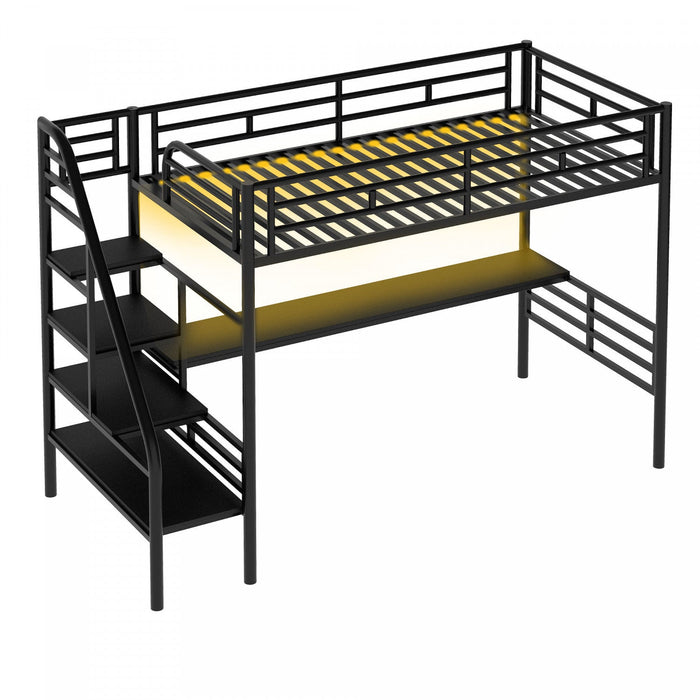 Cherry Twin Loft Space-saving Metal Bed With Desk, Led Light - Black 