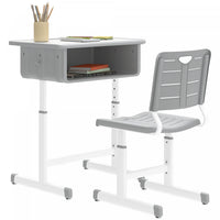 Qaba Kids Desk and Chair Set, Height Adjustable Children Study Desk and Chair with Large Drawer, School Writing Study Table for Bedroom and Study Room, Grey