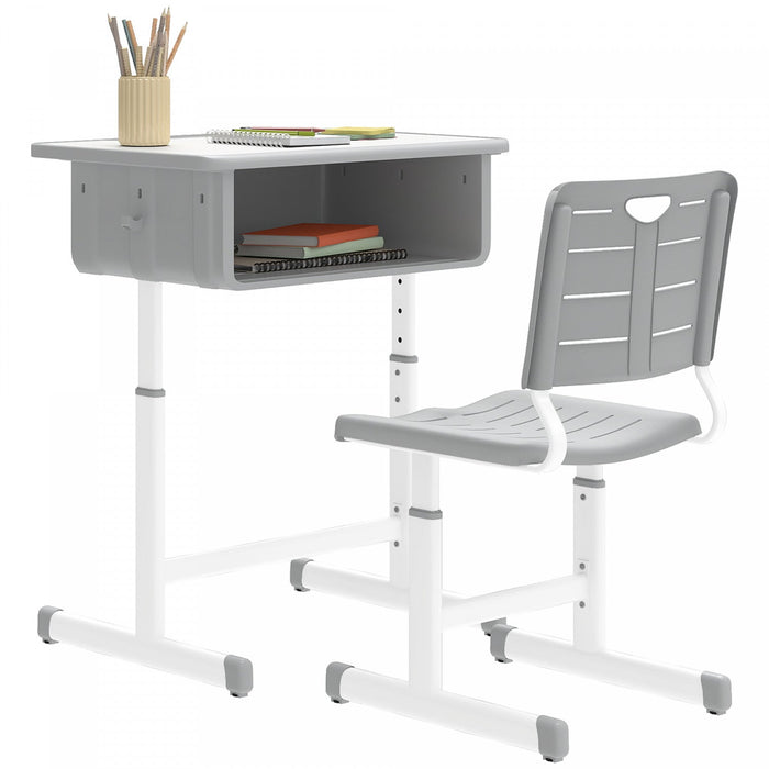 Qaba Kids Desk and Chair Set, Height Adjustable Children Study Desk and Chair with Large Drawer, School Writing Study Table for Bedroom and Study Room, Grey