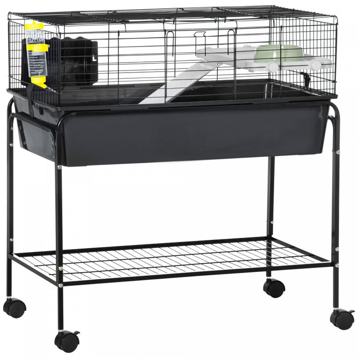 Pawhut Small Animal Cage, 35\" Rolling Guinea Pig Cage With Detachable Stand, Water Bottle, Food Dish