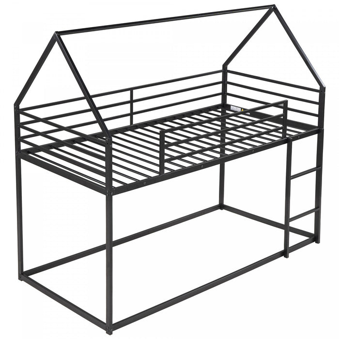 Liam House Bunk Bed with Built-in Ladder and Metal Frame,Twin Over Twin Size,Black  