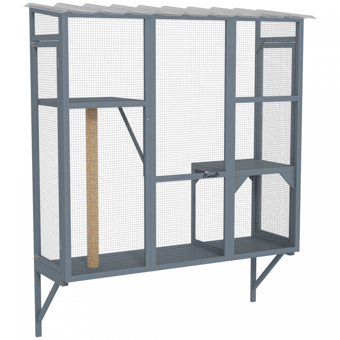 Pawhut Catio Outdoor Cat Enclosure, Cat Window Box For 2-3 Cats With 2 Jumping Platforms & Scratching Post, Expendable Secure Window Perch House For Large Indoor Cats, Grey