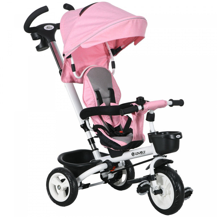 Qaba Toddler Tricycle, 6 In 1 Stroller Bike With Parent Push Handle, Canopy, Storage Baskets, Cuphol