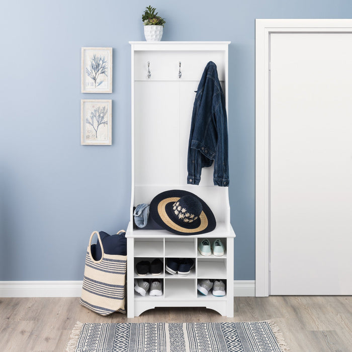 Narrow Hall Tree with Nine Shoe Cubbies - White