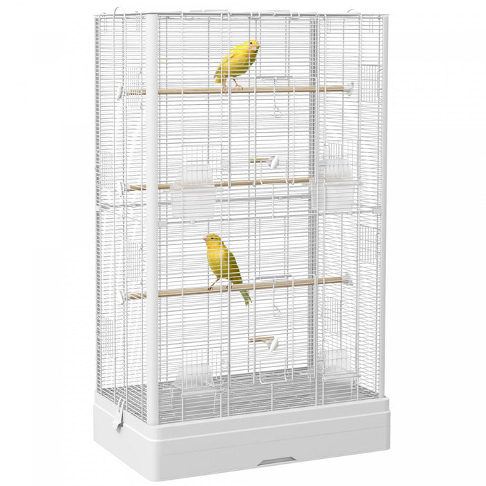 Pawhut 39" Bird Cage For Budgie, Finches, Canaries, Love Birds, Large Parrot Cage With Wooden Stands, Slide-out Tray, Handles, Food Containers, White