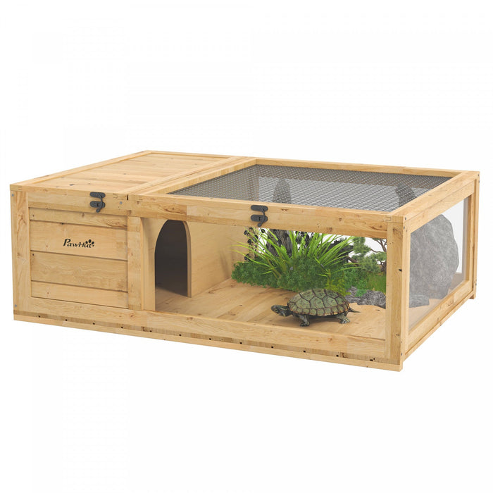 Pawhut Wood Tortoise House Indoor Outdoor Turtle Habitat Reptile Cage For Lizards, Geckos, 35.8\" X 2