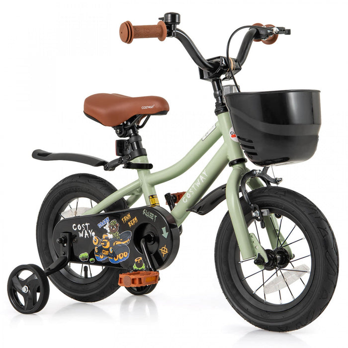Costway 12" Kid's Bike With Training Wheels Adjustable Handlebar & Seat Handbrake Green