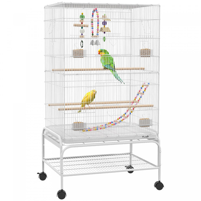 Pawhut 43" Bird Cage For Budgies Cockatiels Canaries Lovebirds Finches With Rolling Stand, Toys, Removable Tray, Storage Shelf, White