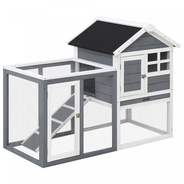 Pawhut 48\" Weatherproof Wooden Rabbit Hutch With Slant Roof And Screened Outdoor Run, Grey