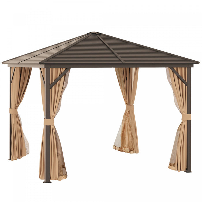 Outsunny 10' X 10' Hardtop Gazebo Outdoor Gazebo Canopy With Mosquito Netting, Curtains, Hanging Hoo