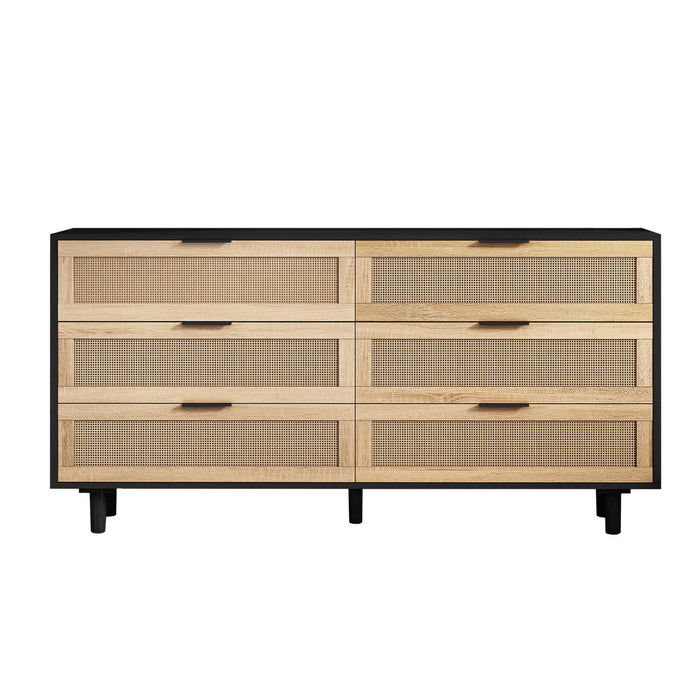 59\" Mila Modern 6 Drawer Rattan Storage Cabinet with Engineered Wood Frame - Black 