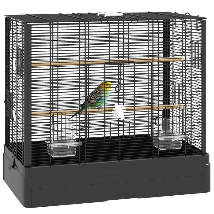 Pawhut 22" Bird Cage For Budgie, Finches, Canaries, Love Birds, Large Parrot Cage With Wooden Stands, Slide-out Tray, Handle, Food Containers, Black