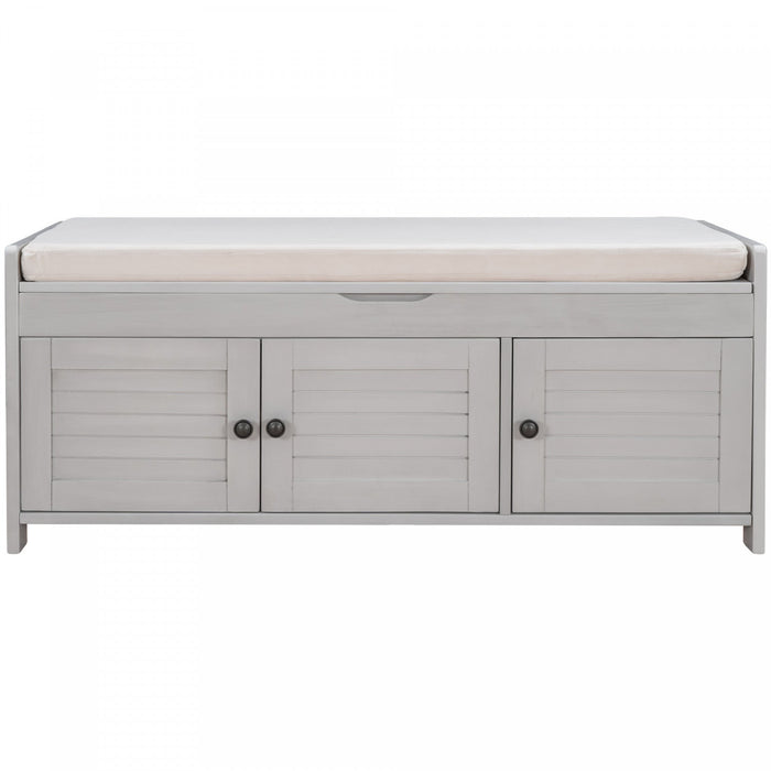Olivia Pine Wood Storage Bench With 3-door Shoe Cabinet With Hidden Compartment - Grey 