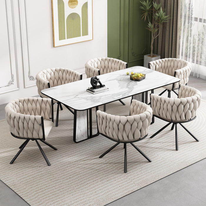 Amelia Velvet Swivel Dining Chairs with Tufted Upholstered and Metal Legs Set of 6, Beige  